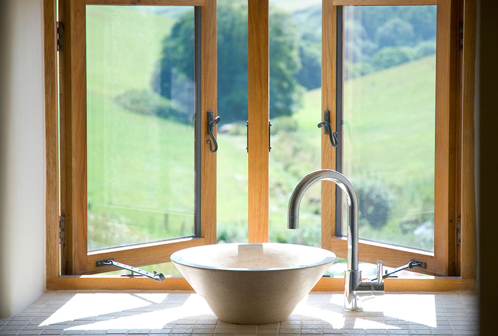 light brown hardwood window in home bathroom